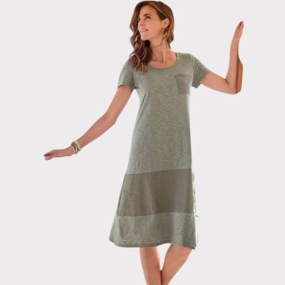 Soft Surroundings Winnie Dress Olive Green Linen Size 1X Short Sleeve Scoop - Picture 2 of 11